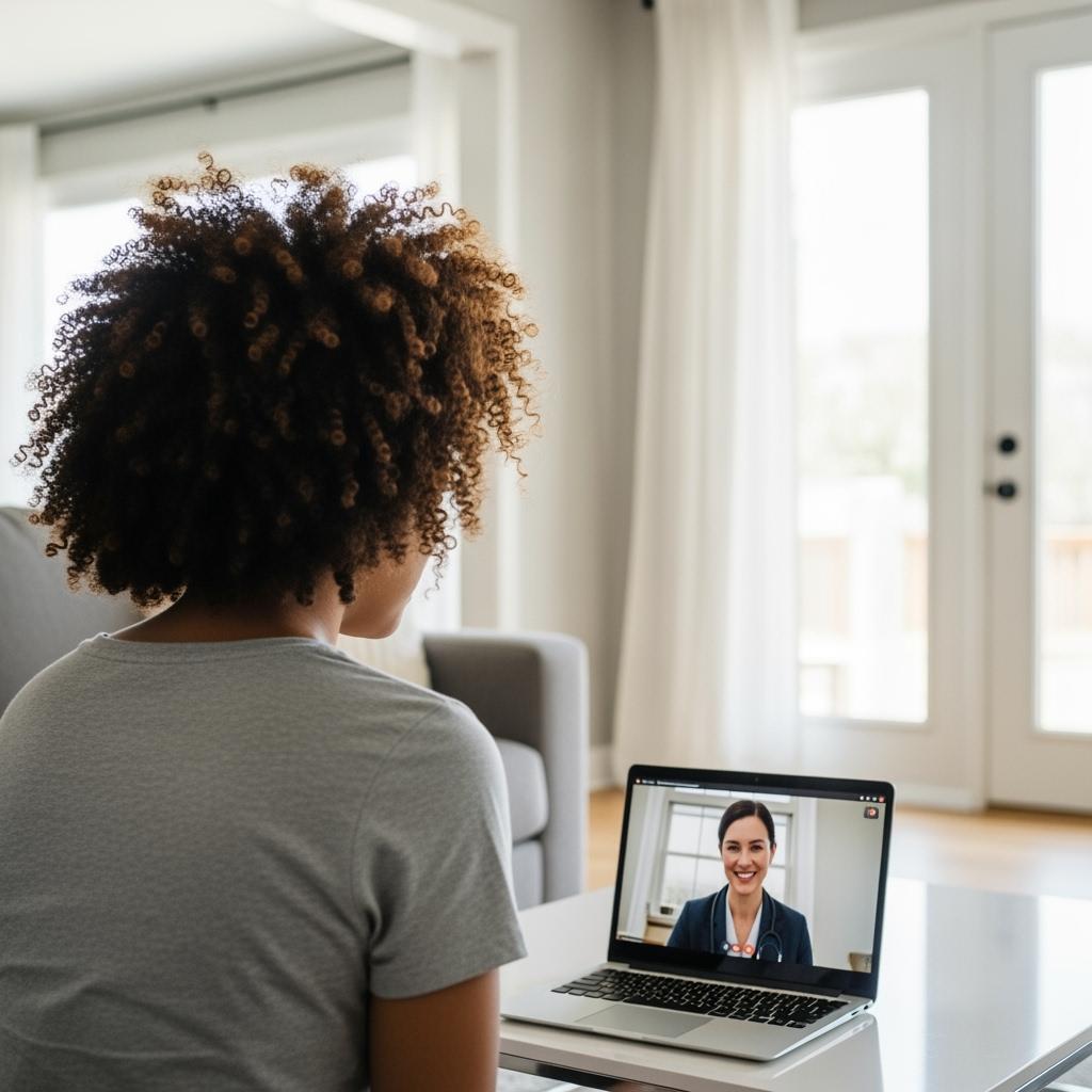 Client_speaking_through_zoom_on_her_laptop_to_her_Psychologistclient_in_modern_home_she_is_in_living_room_Client_is_mixed_African_American_curly_hair_female_She_is_looking_at_the_screen_camera_can_only_just_see_whats_on_screen_image_1